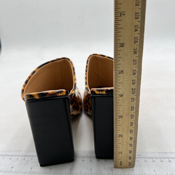 FSJ Women Closed Squared Toe Mules Slip On Chunky Mid High Heels Leopard Shoes - Picture 5 of 8